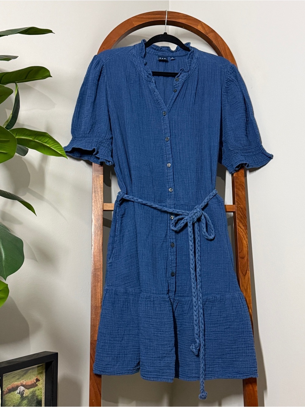 Gap XL TALL 100% Cotton Gauze Tiered Belted Shirt Dress in Medium Indigo